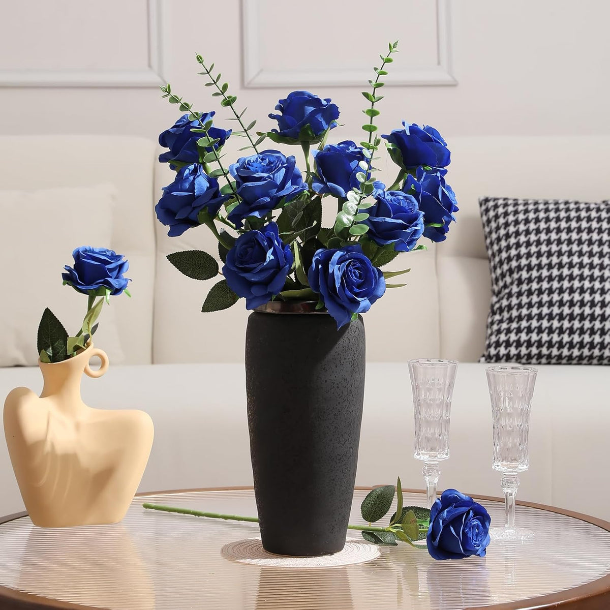Tifuly Royal Blue Roses Artificial Flowers -12 pcs Realistic Single Long Stem Fake Silk Roses