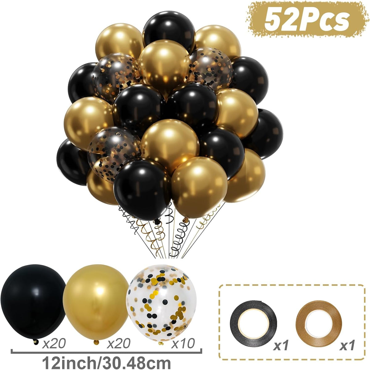 Patimate Black Gold Confetti Balloons Set, 50 pcs 12 inch Metallic Gold Black Confetti Latex