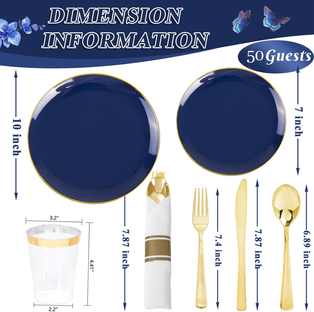KIRE 350Pcs Blue and Gold Plates -Heavy Duty Navy Blue Dinnerware Set - 100 Plastic Plates 50 Pre