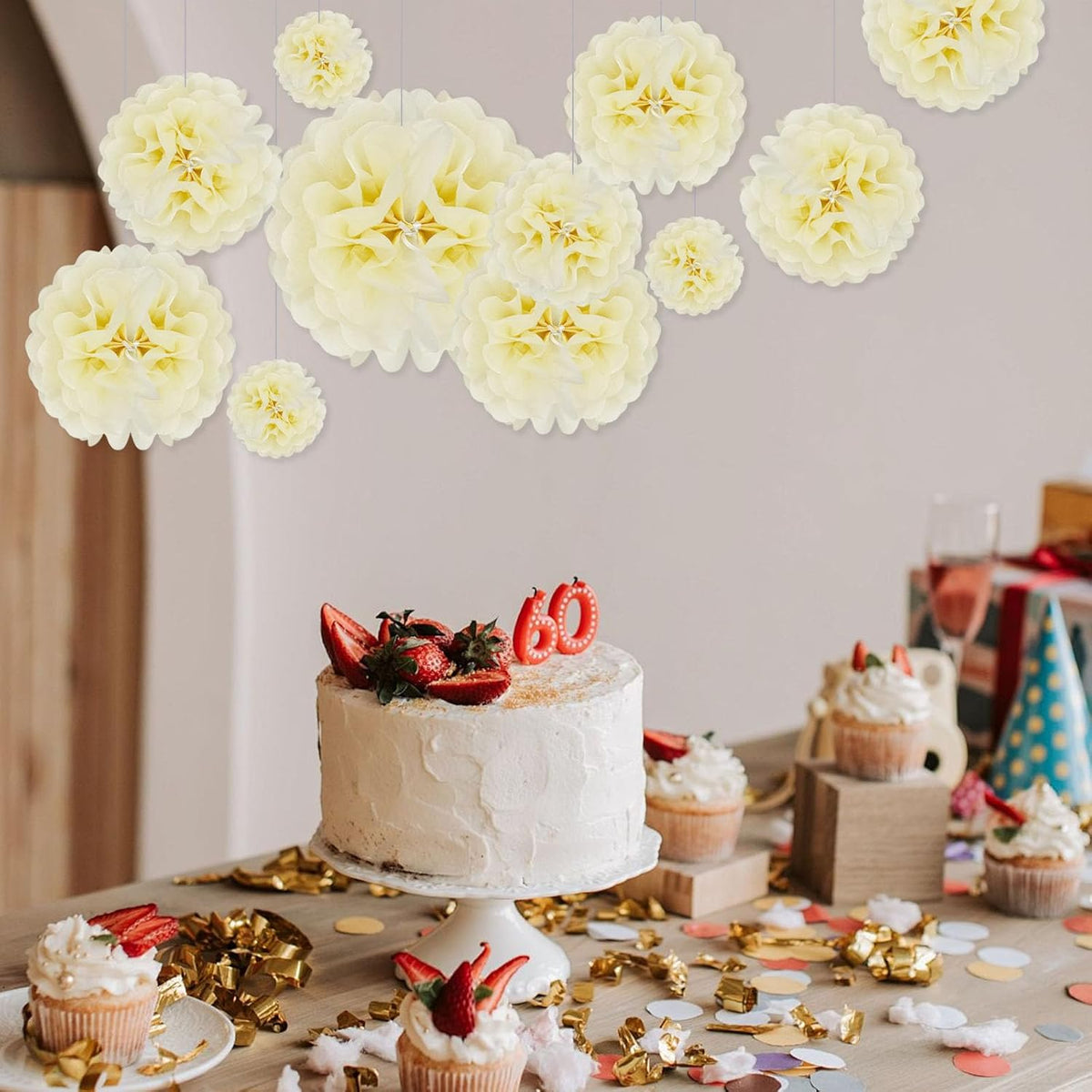 Tissue Paper Pom Poms, Ivory Tissue Paper Flowers, Hanging Flower Balls for Weddings Fiesta Parties