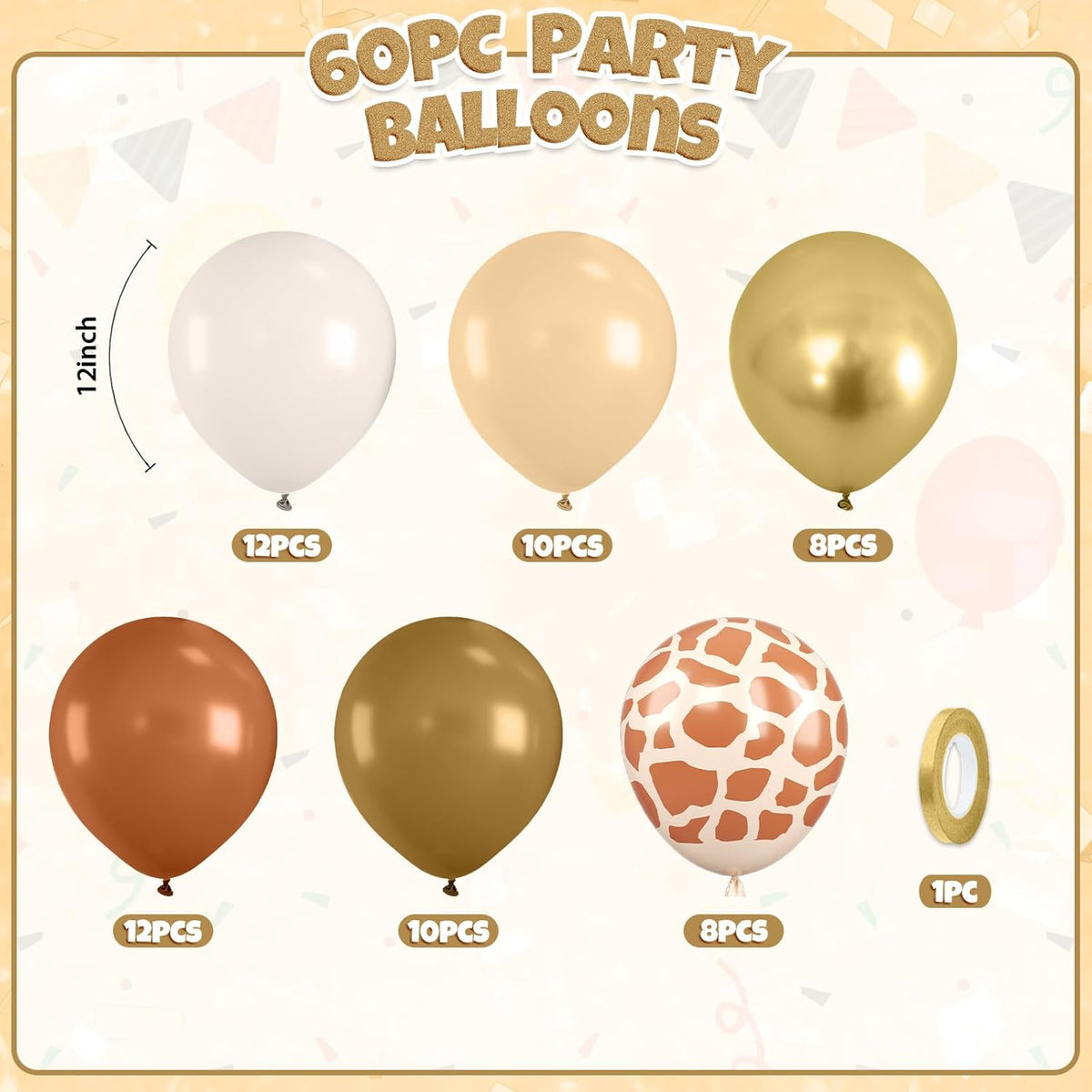 Safari Balloons, 60pcs Jungle Balloons, Brown Gold White Balloon Giraffe Print Balloon For Birthday