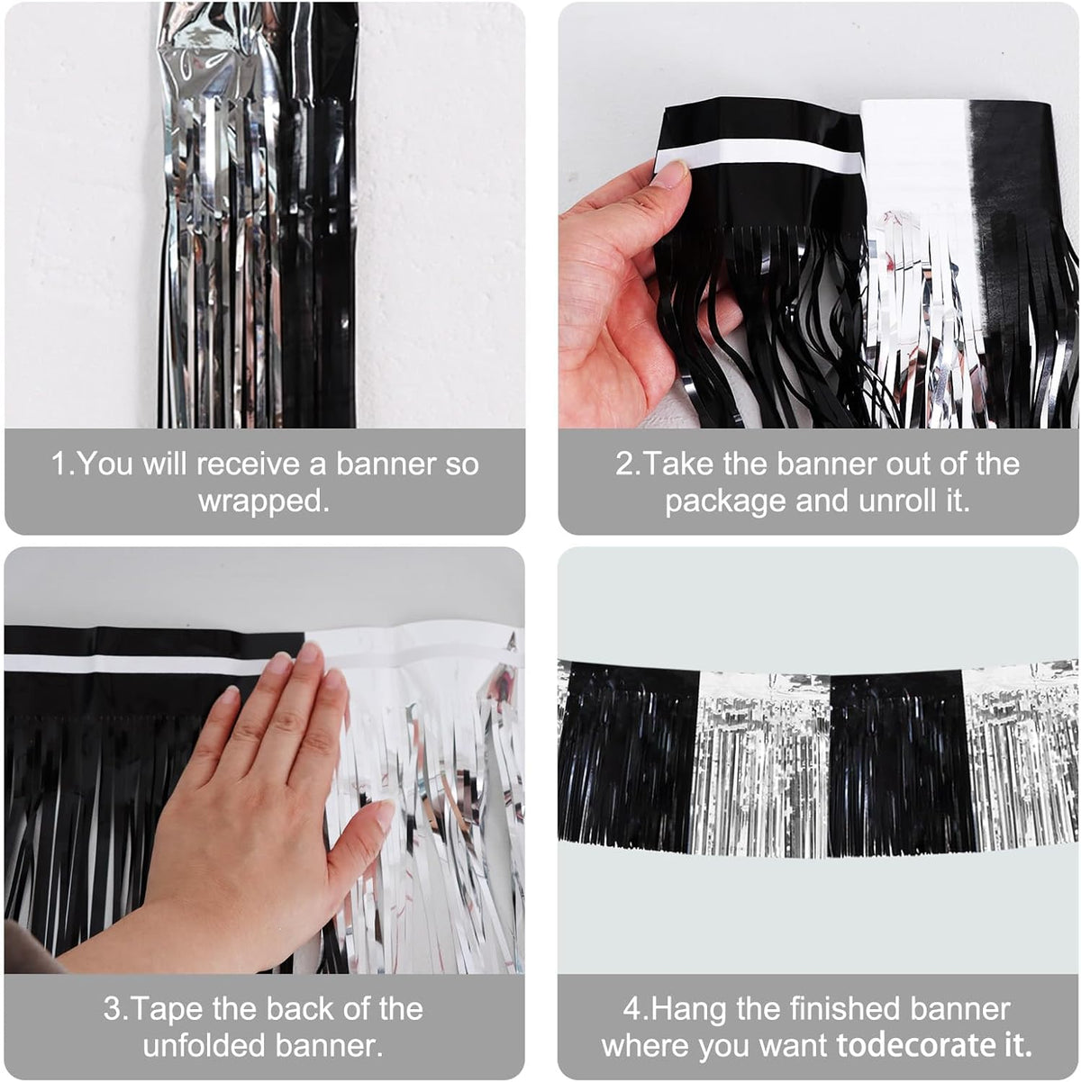 BEISHIDA 3 Packs Metallic Foil Fringe Garland Black Silver Wall Hanging Tinsel Fringe Banners for