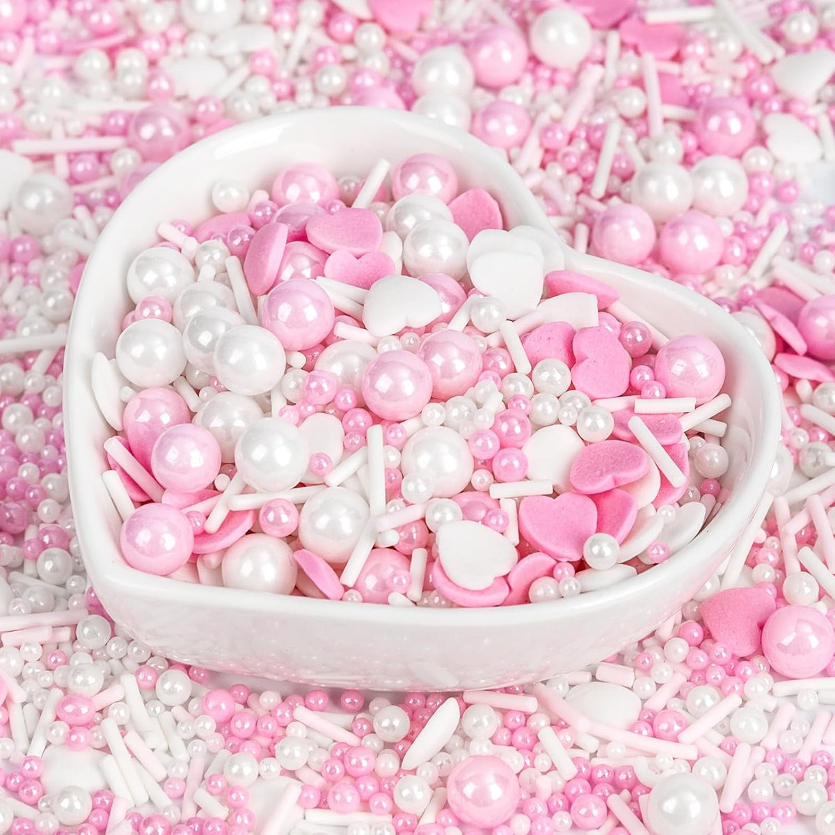 Edible Heart Sprinkles for Cake Decorating,White Pink Pearl Sugar Jimmies Mix Size