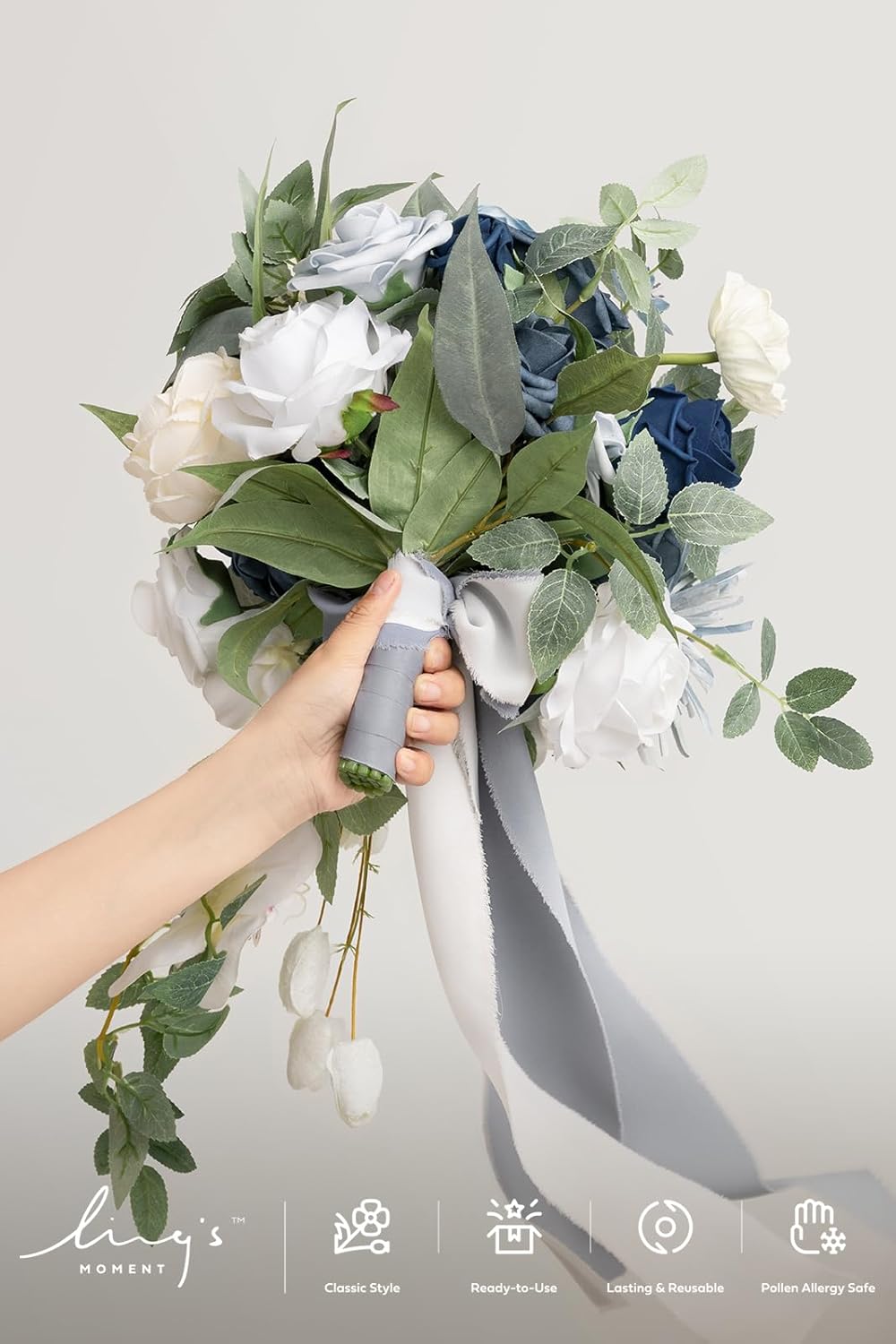 Ling's moment Dusty Blue Bridal Bouquet Cascading, Wedding Bouquets for Bride, 15 Inch Bride