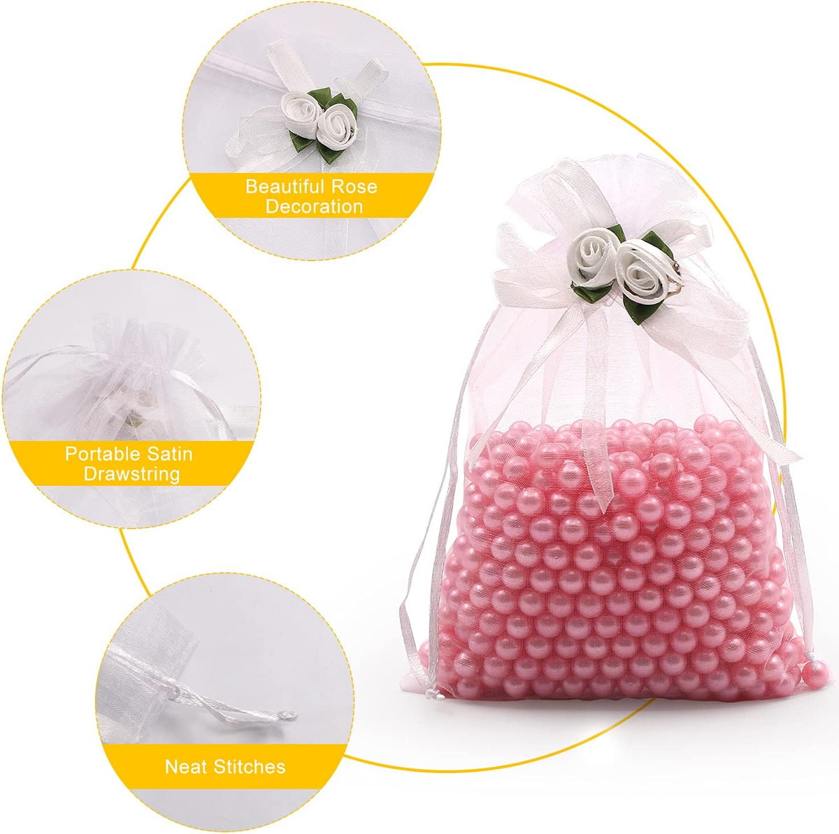 SumDirect Rose Organza Gift Bags - 50Pcs 5x7 inch White Wedding Favor Gift Bags, Jewelry Pouches
