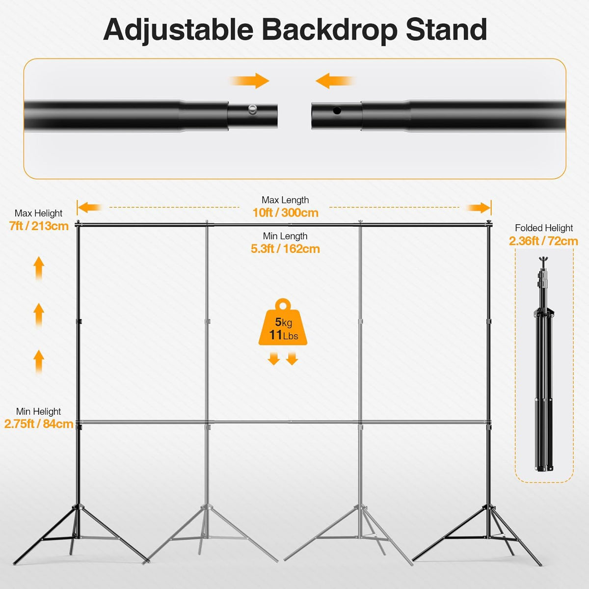 Backdrop Stand, 10x7ft(WxH) Photo Background Stand Adjustable Support Kit with 2 Crossbars, 8