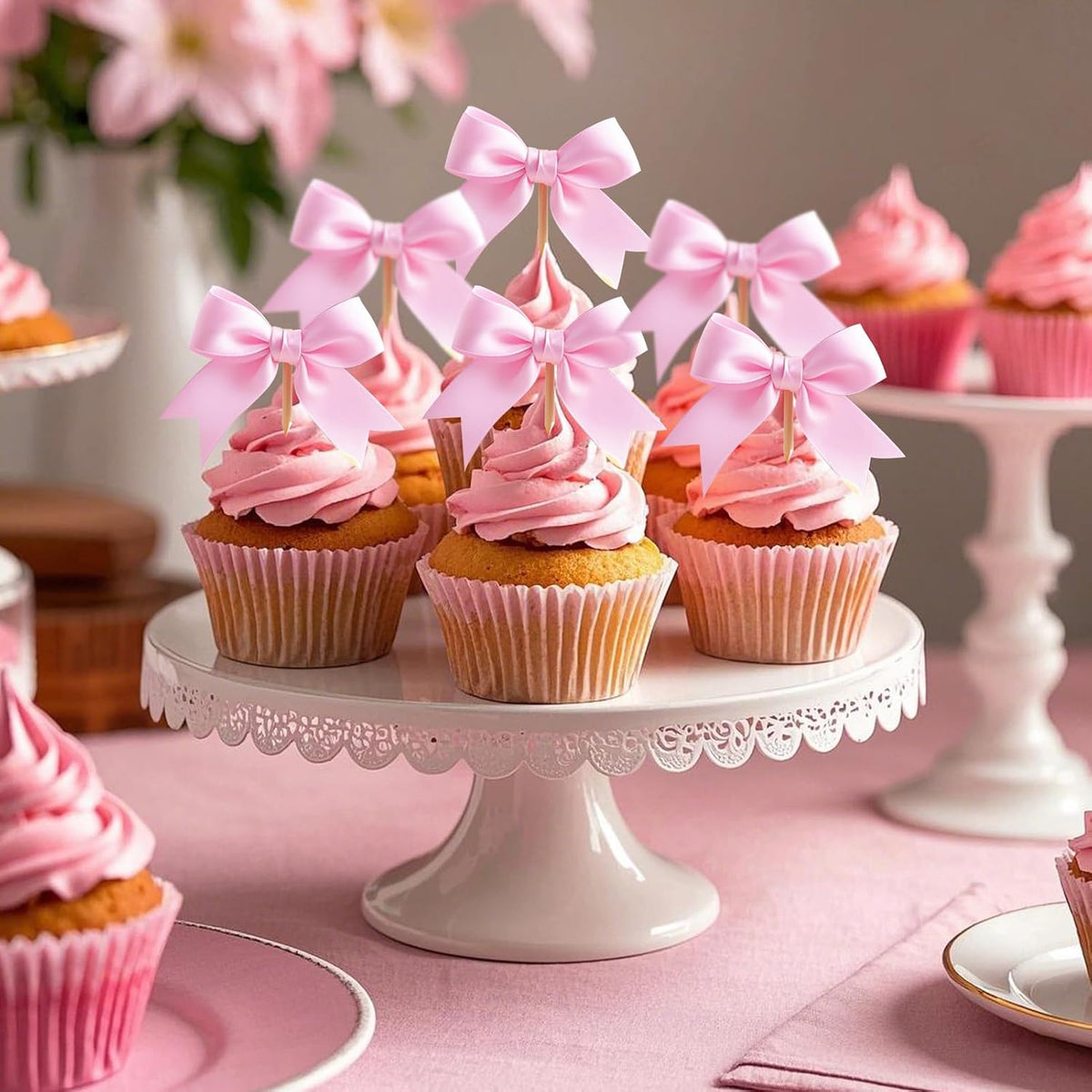 24Pcs Pink Bow Cupcake Toppers - Pink Bow Cake Topper Birthday Decorations, Bowknot Cupcake Picks