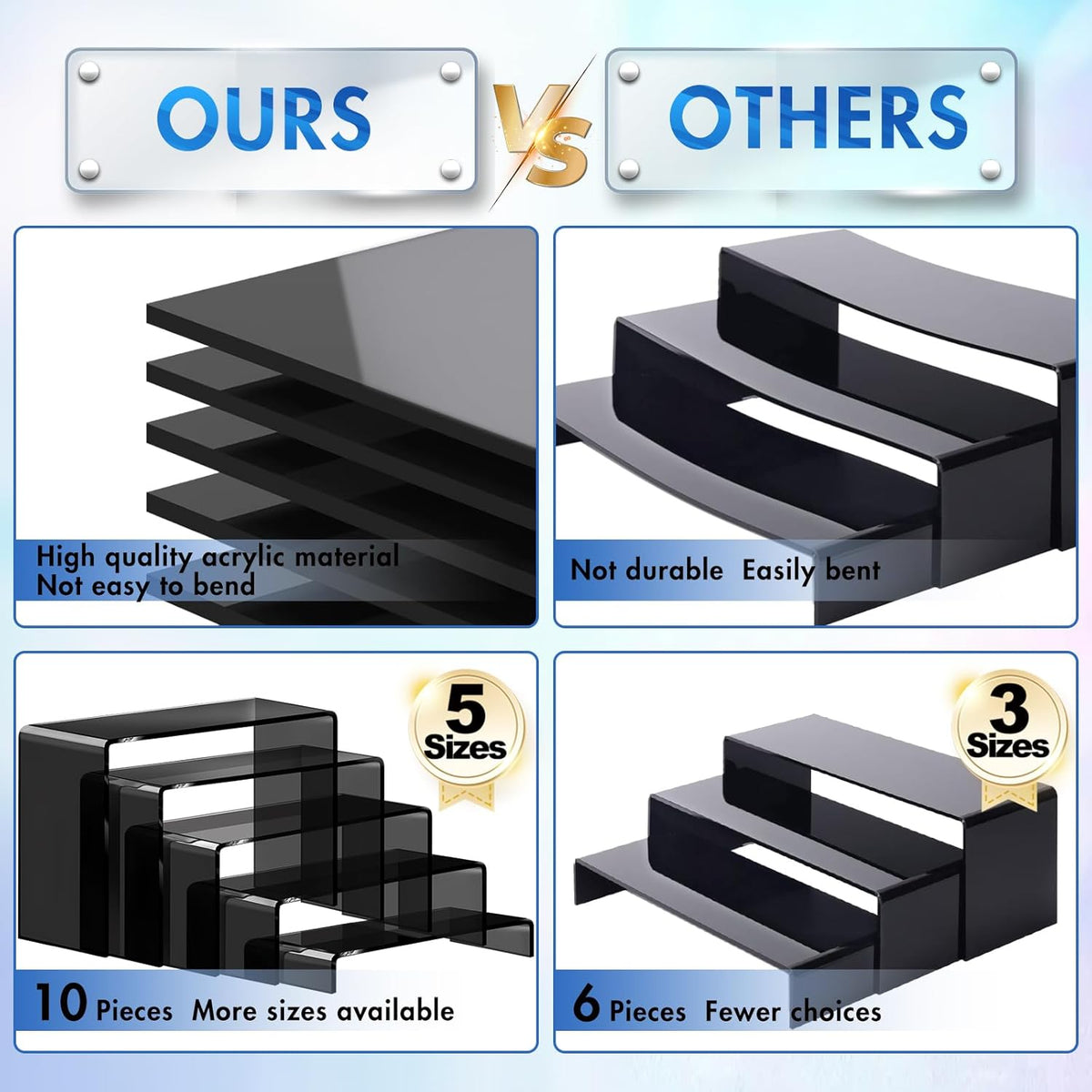 Aheroi Display Risers, 10 Pcs 2 Set(7”L~8”L~9”L) Acrylic Risers, Black Arylic Display Stands