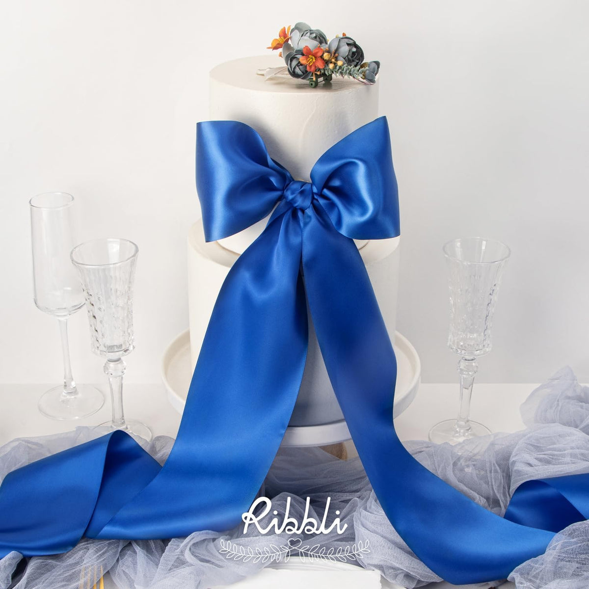 Ribbli Royal Blue Satin Ribbon 4 Inch Wide Blue Ribbon for Wedding Chair Sash Grand Opening