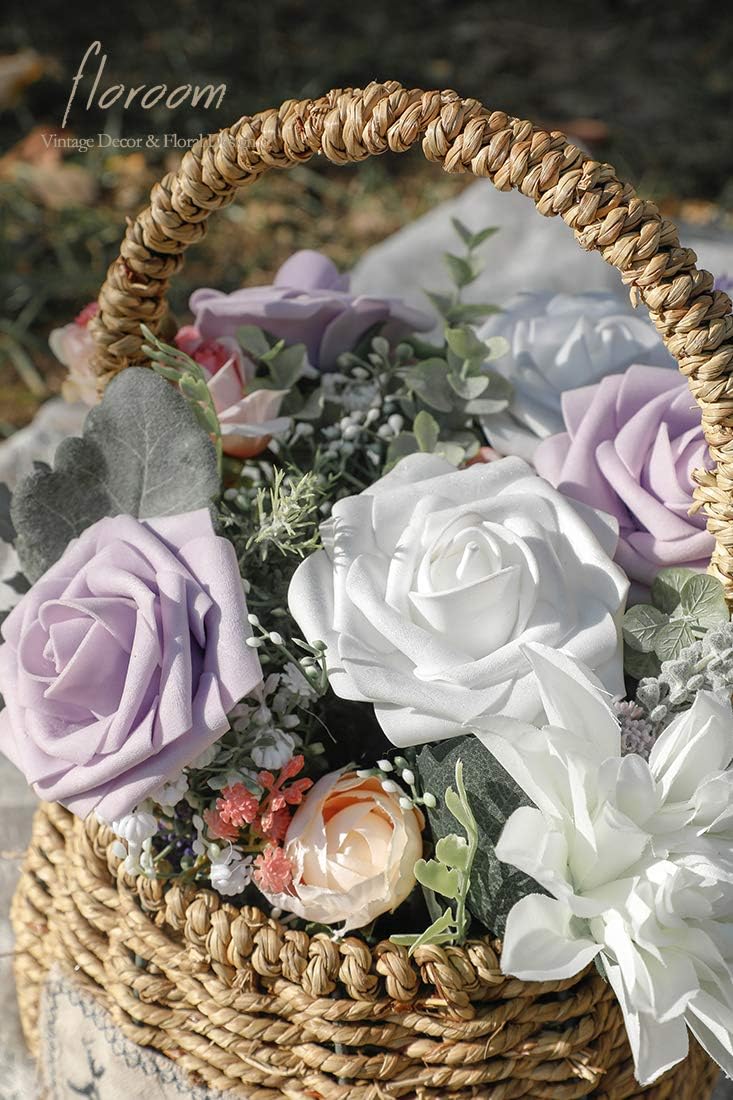 Floroom Artificial Flowers 50pcs Realistic White Foam Fake Roses with Stems for DIY Wedding