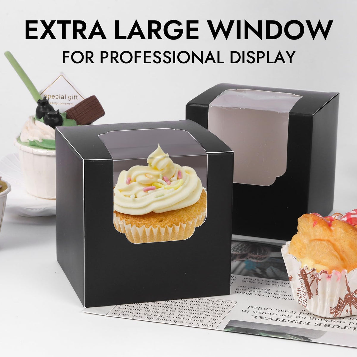 JCD 120 Boxes+120 Inserts Black Cupcake Boxes Individual Cupcake Container 3.5" x 3.5" x 3.5"