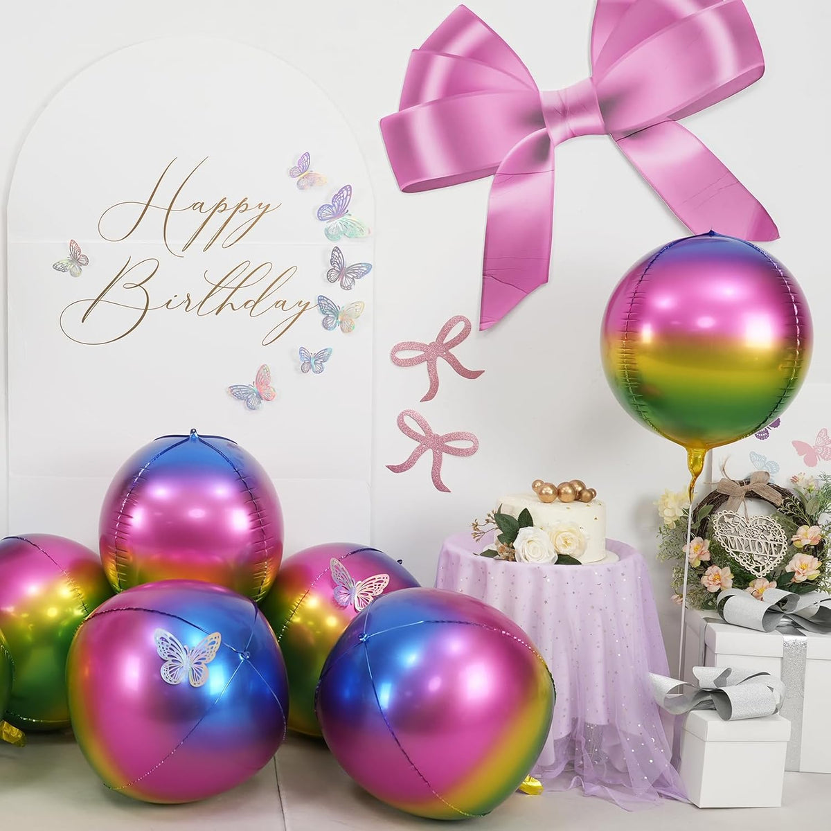 6Pcs Gradient Rainbow Round Foil Balloons, 22" Large Helium Colorful Ball Balloon, Metallic