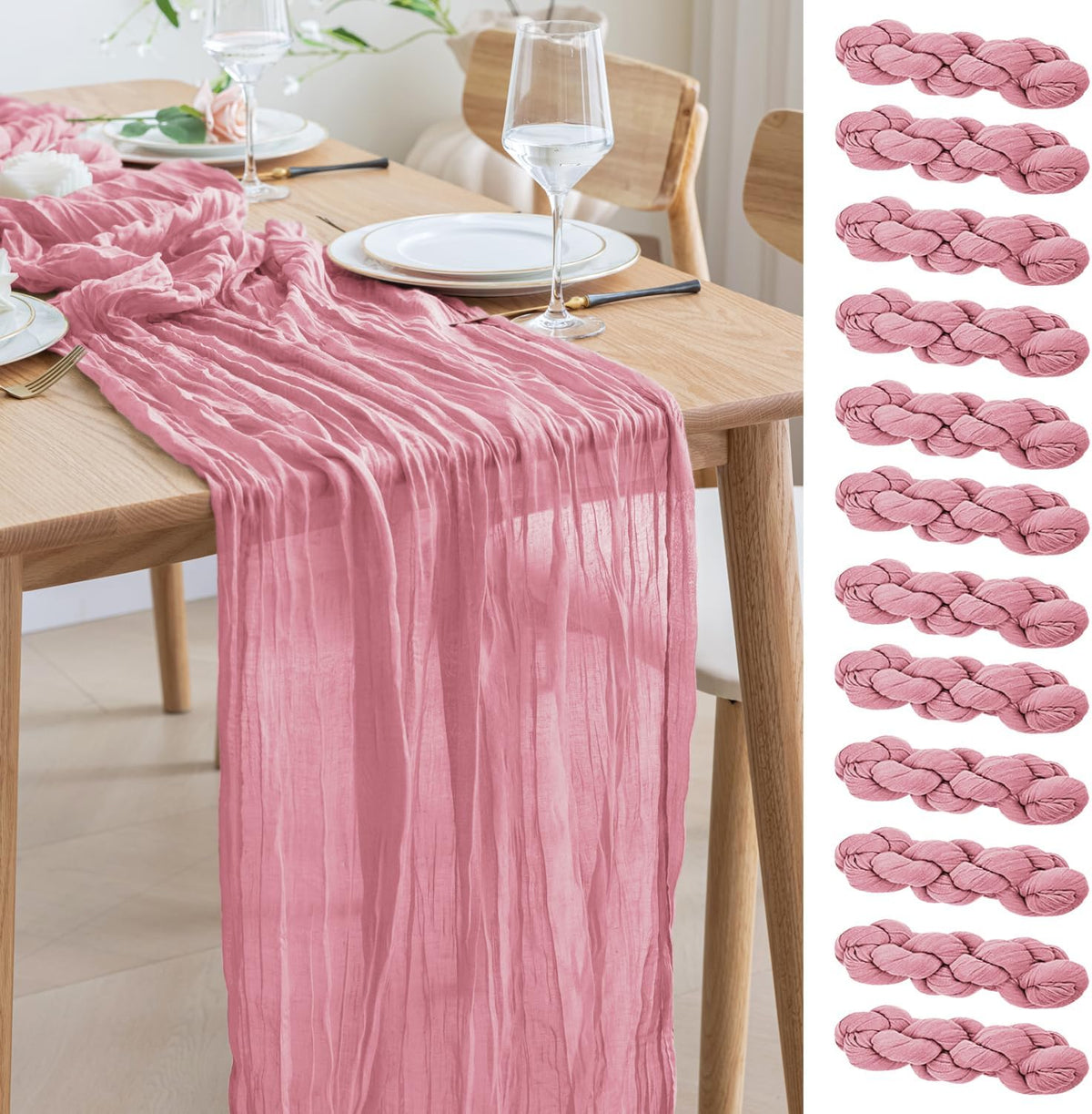 Asee'm 12pcs Cheesecloth Table Runner 120 Inches Long Pink Boho Gauze Cheese Cloth Runner 10FT