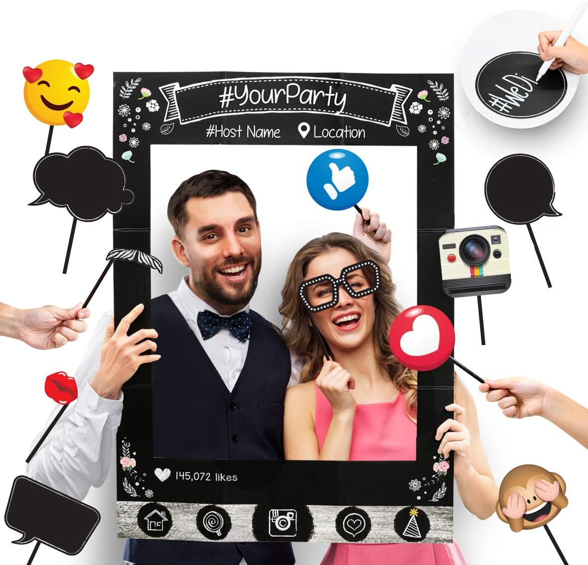 Insta-Themed Social Media Party Photo Booth Selfie Frame with Emoji & Speech Bubble Props. Great as