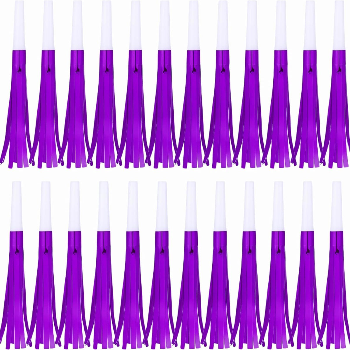 Noise Makers Party Horns, 24 Pack, Purple Metallic Glitter with Fringe, for Birthday, Wedding, New