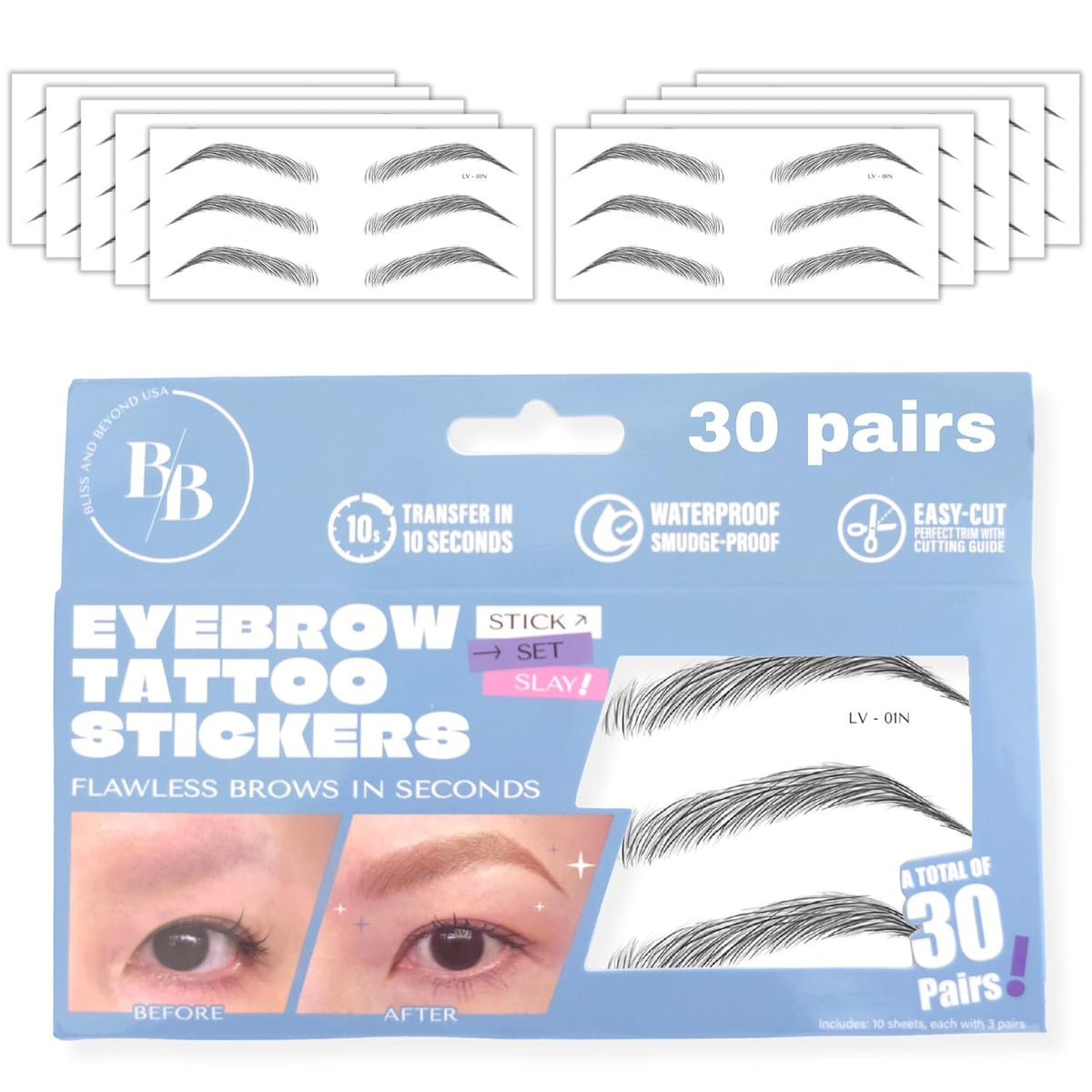 Bliss and Beyond USA Eyebrow Tattoo Stickers Waterproof – 30-Pair Deluxe Box | Realistic Hair-Like