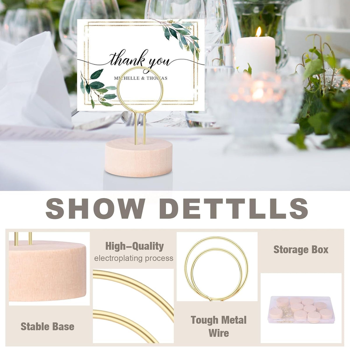 Oubest Table Number Holders Pack of 10 Metal Wire with Wooden Base for Better Stability Place Card