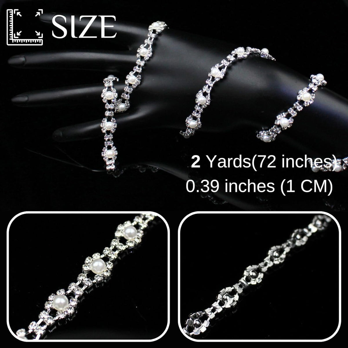 2 Yard Pearl Trim Chain Rhinestone Silver String Crystal Applique Fringe Ribbon Strips Beads Sewing