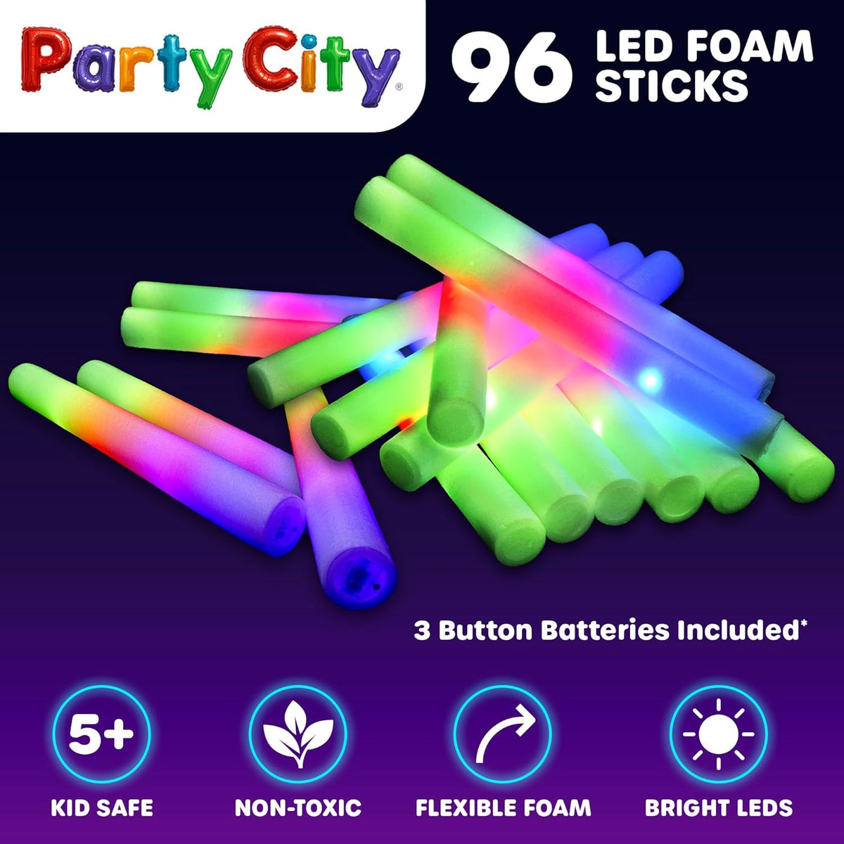 Party City 96pk LED Foam Glow Sticks 14”- Glow in the Dark Party Supplies Favors, Colorful Flashing