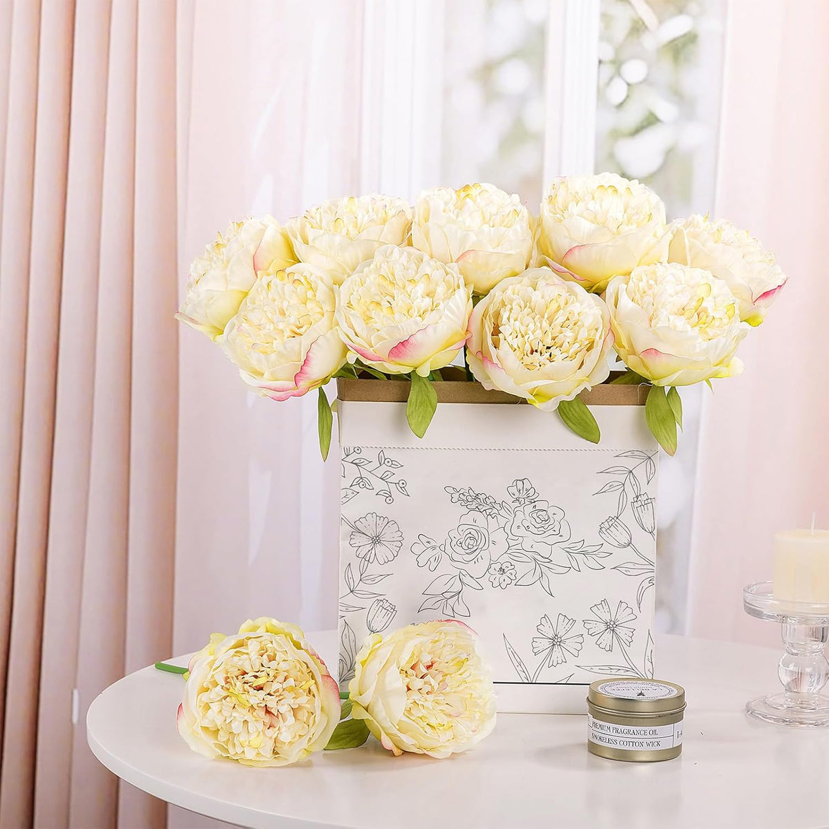 U'Artlines 2 Bouquet 10 Heads Artificial Peony Silk Flower Leaf Home Office Wedding Party Festival