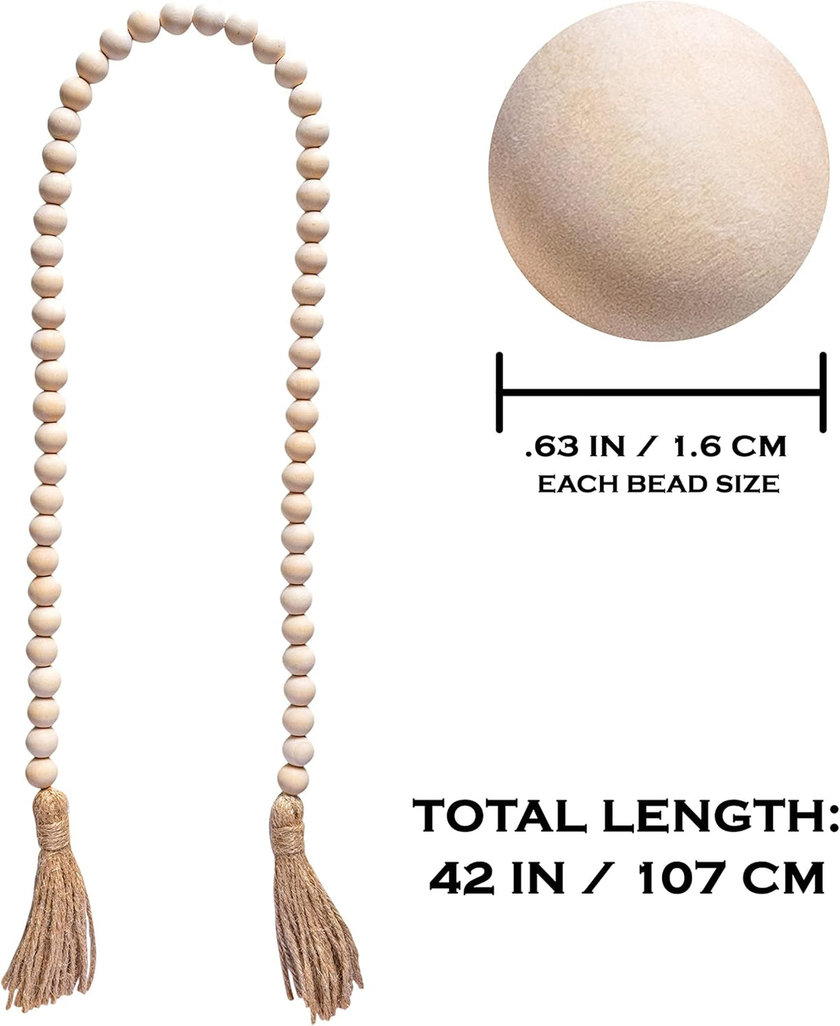 Decorative Wood Bead Garland Home Decor, Farmhouse Garland Beads with Tassel, Wooden Tier Tray