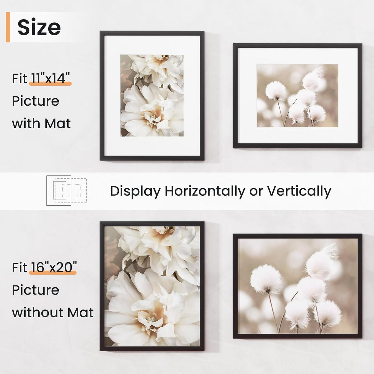 16x20 inch Picture Frame, 16x20 Photo Frames with 11x14 Removable Mat - High Definition Plexiglass