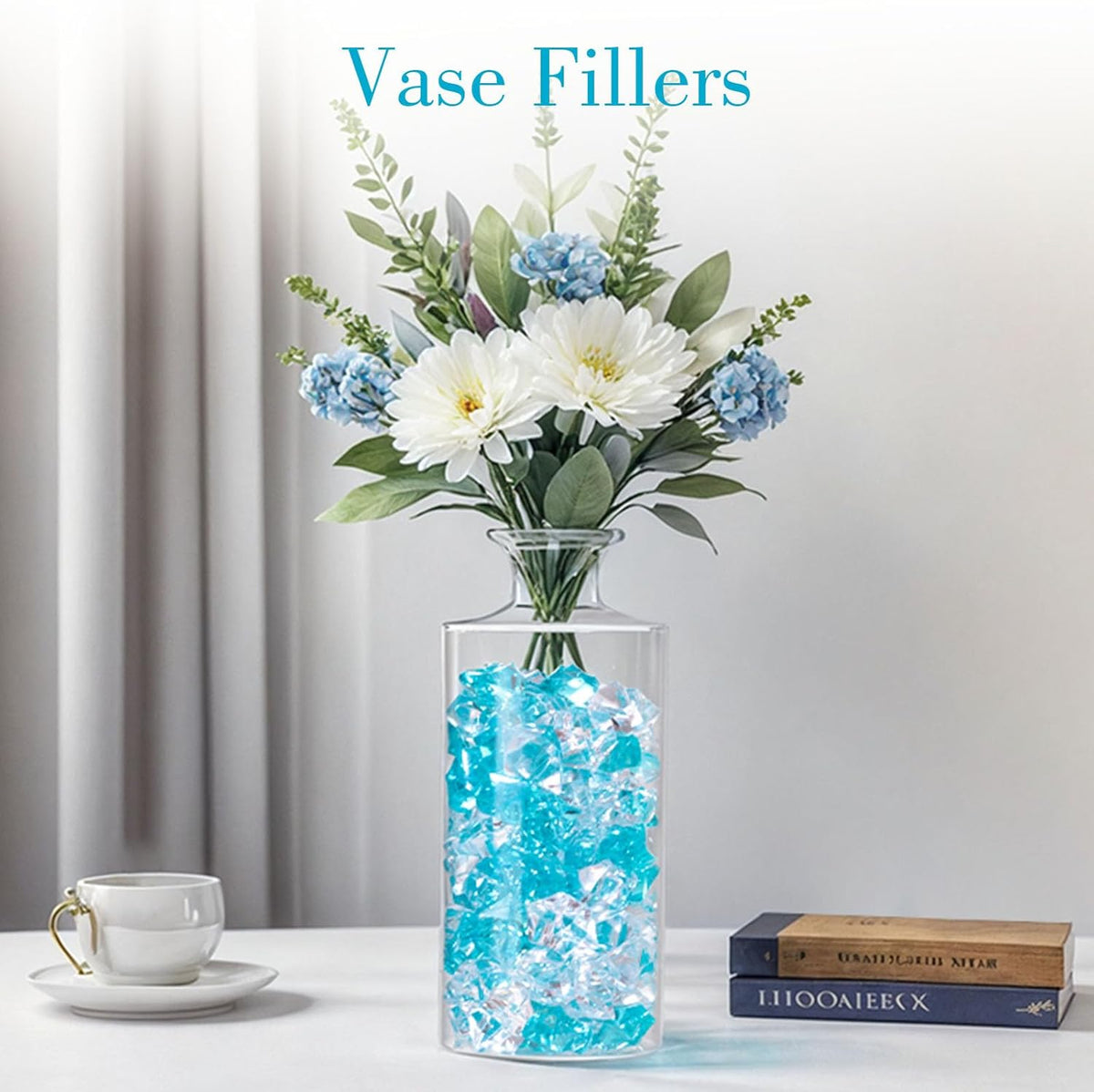 DomeStar 150PCS Fake Ice, Vase Filler Mixed Blue Fake Ice Rocks, Acrylic Crystals for Crafts Table