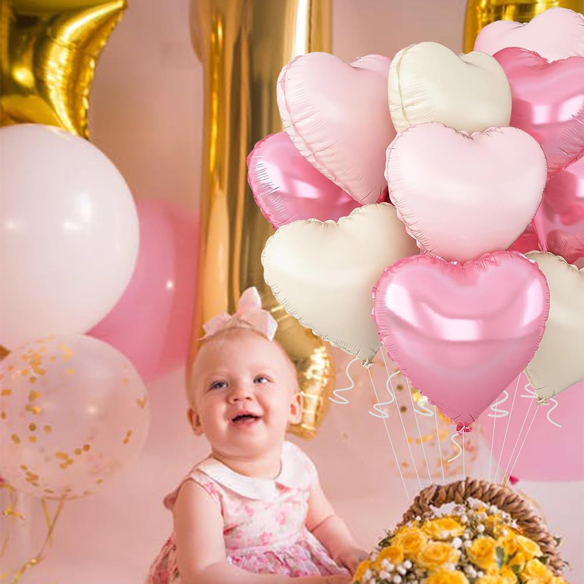 Pink Heart Balloons,18inch Bright Pink Heart Shaped Foil Balloons & Pastel White Helium Mylar
