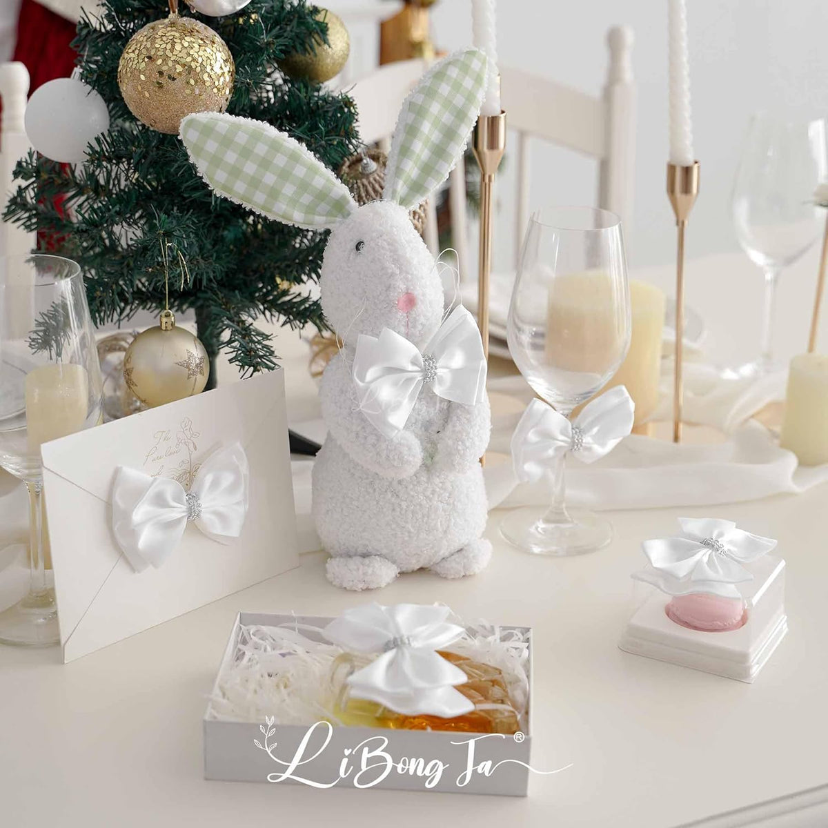 White Satin Bows 4'' Premade White Ribbon Bows, Gift Bows with Rhinestone, Wrapping Bows for