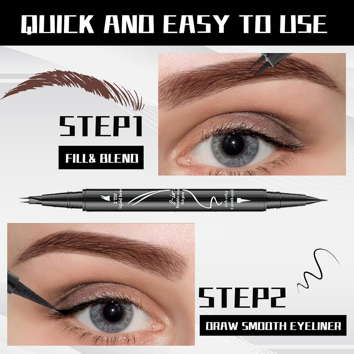 Curved 2 Tip Eyebrow Pen-Light Brown Eyebrow Pencil With Black Eyeliner 2-in-1 Dual-Ended Create