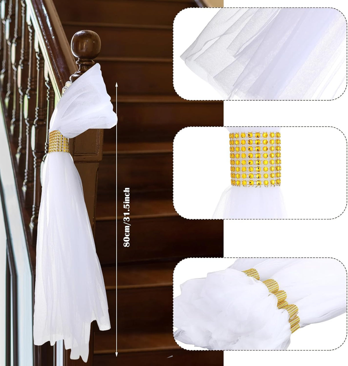 24 Set Wedding Aisle Chair Decorations 31.5 Inch Pew Bows with Long Tulle Tails and Rhinestone wrap