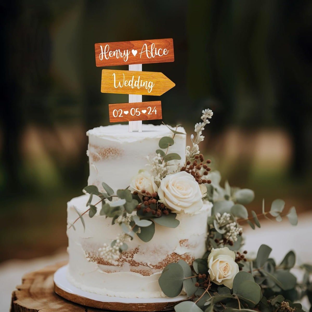 Personalized Rustic Fall Wedding Cake Topper in Wood Custom Bride & Groom Names Initials Wedding