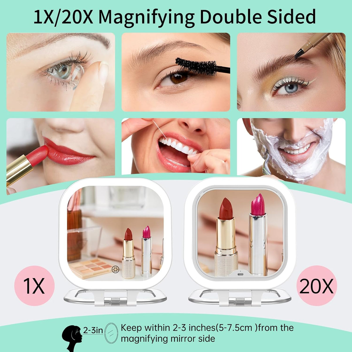 FASCINATE 20X Magnification Rechargeable Travel Makeup Mirror, 7" Lighted Portable Vanity Mirror