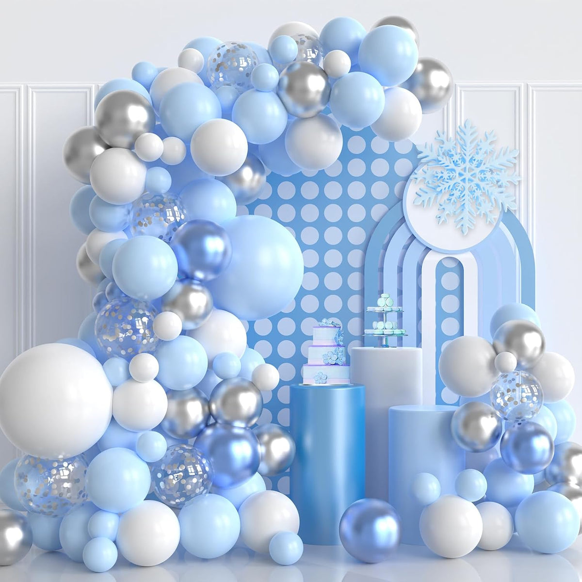 Blue and Silver Balloons Garland Kit, 124pcs Blue White Silver Confetti Metallic Latex Balloons