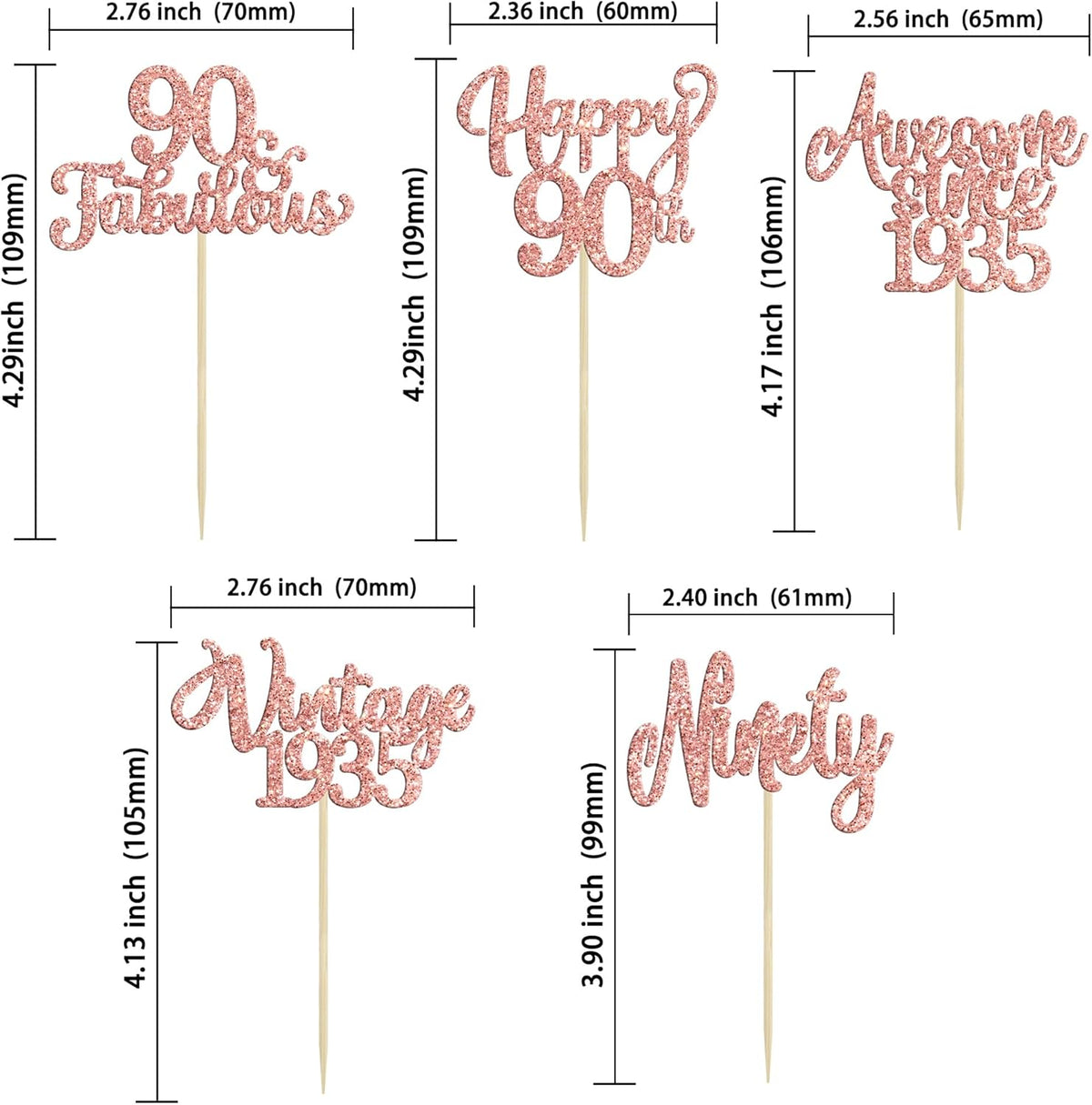 30Pcs Vintage 1935 Cupcake Toppers Glitter Ninety 90 Fabulous Happy 90th Birthday Cupcake Picks