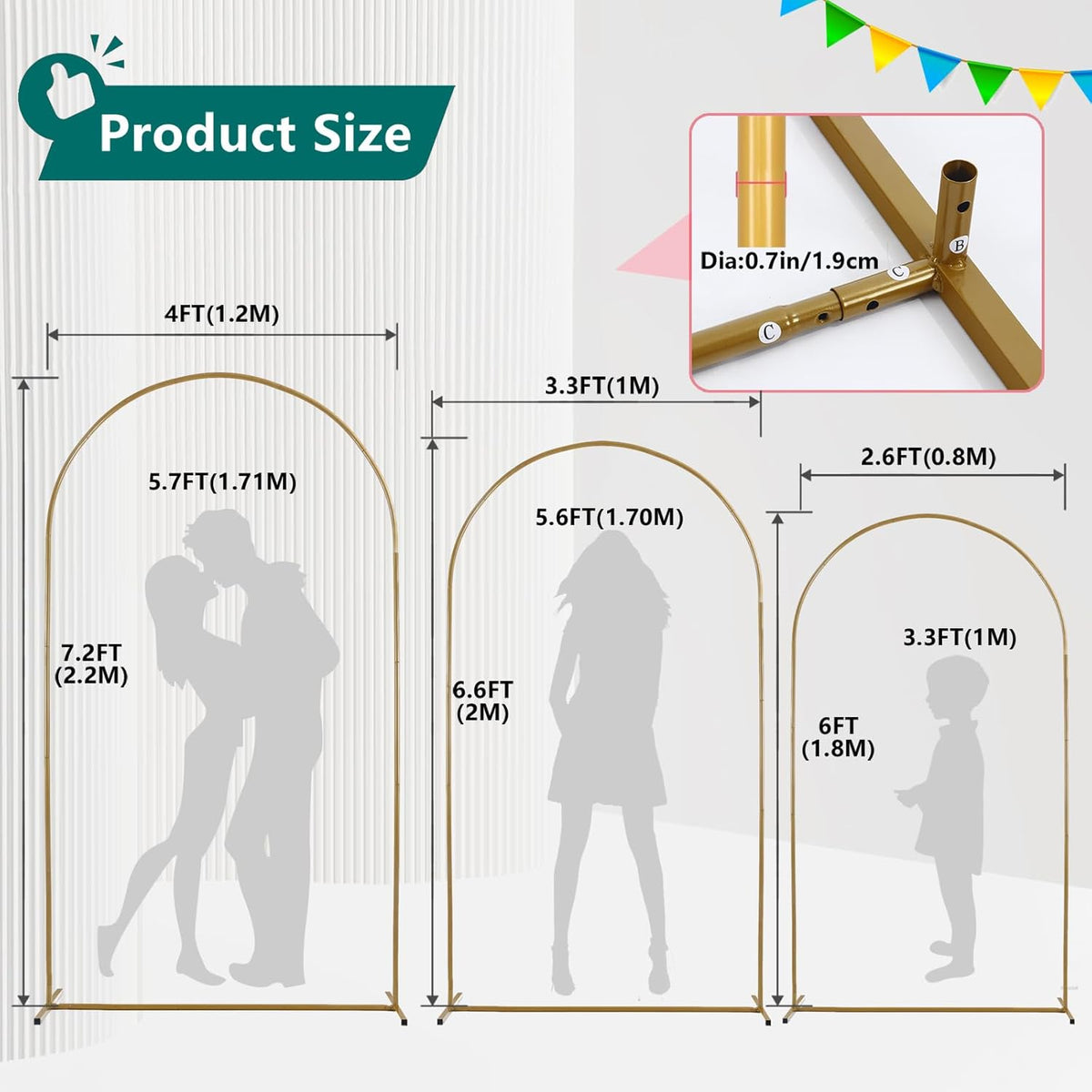 3-Pack Metal Arch Backdrop Stand Set (6/6.6/7.2FT) Heavy Duty Rust-Proof Wedding Decoration Frame