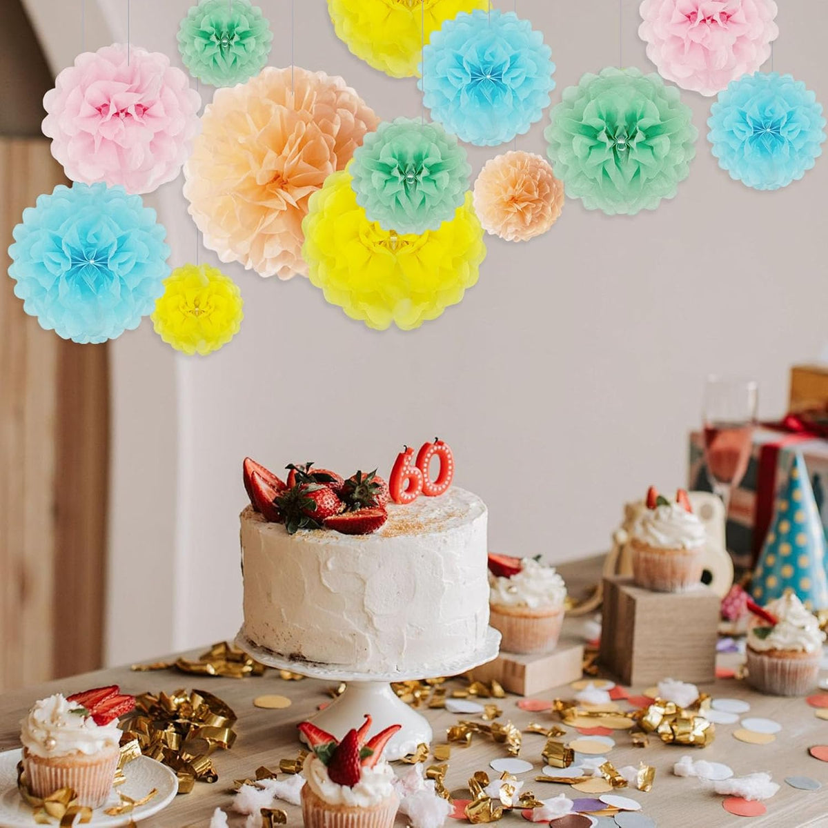 Tissue Paper Pom Poms, Light Colorful Tissue Paper Flowers, Hanging Flower Balls for Easter