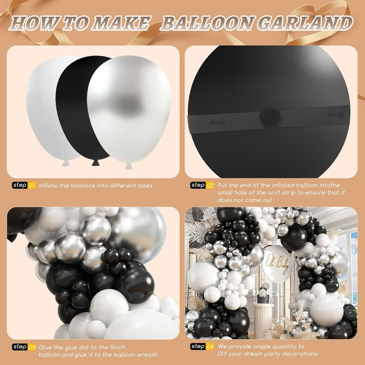 412Pcs Black and Silver White Balloon Arch Kit, 18 12 10 5 Inch Different Size Black and Silver