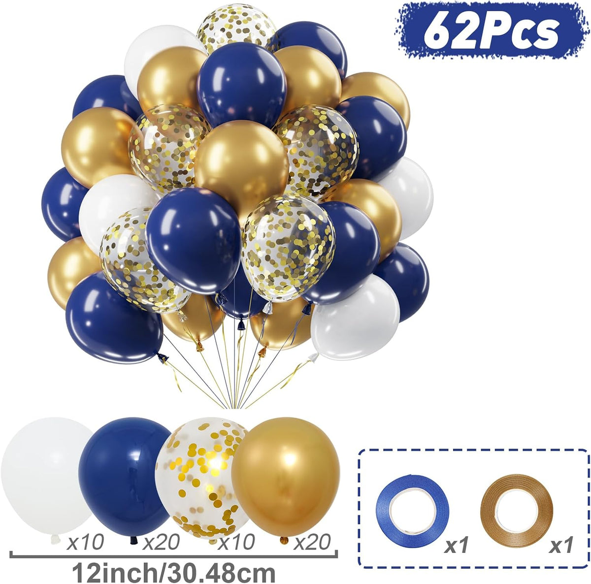 Netnology Navy Blue Gold Balloons Set, 60Pcs 12 Inch Navy Blue White Metallic Gold and Gold