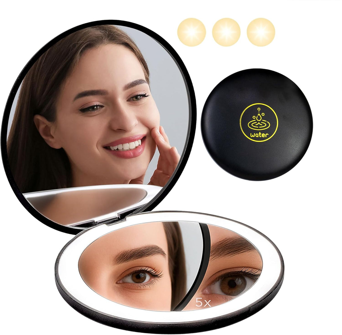 LanJo Lighted Compact Mirror with 1X/5X Magnification, Stepless Dimming & 3 Adjustable Light