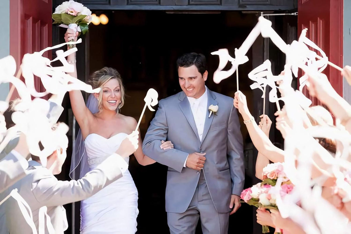 Kingsnow 50 Pack White Lace Ribbon Wands Wedding Streamers with Silver Bells, Silk Fairy Stick Wish