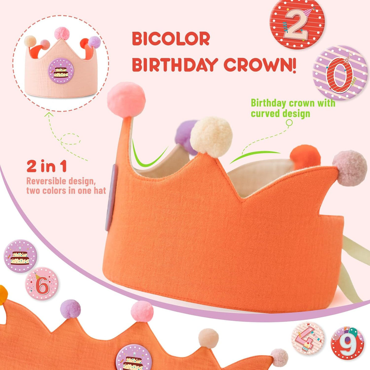 Reusable Birthday Crown with Numbers,Kids Birthday Hat Fabric Crown Pertain Kids Boy Toddler Girl