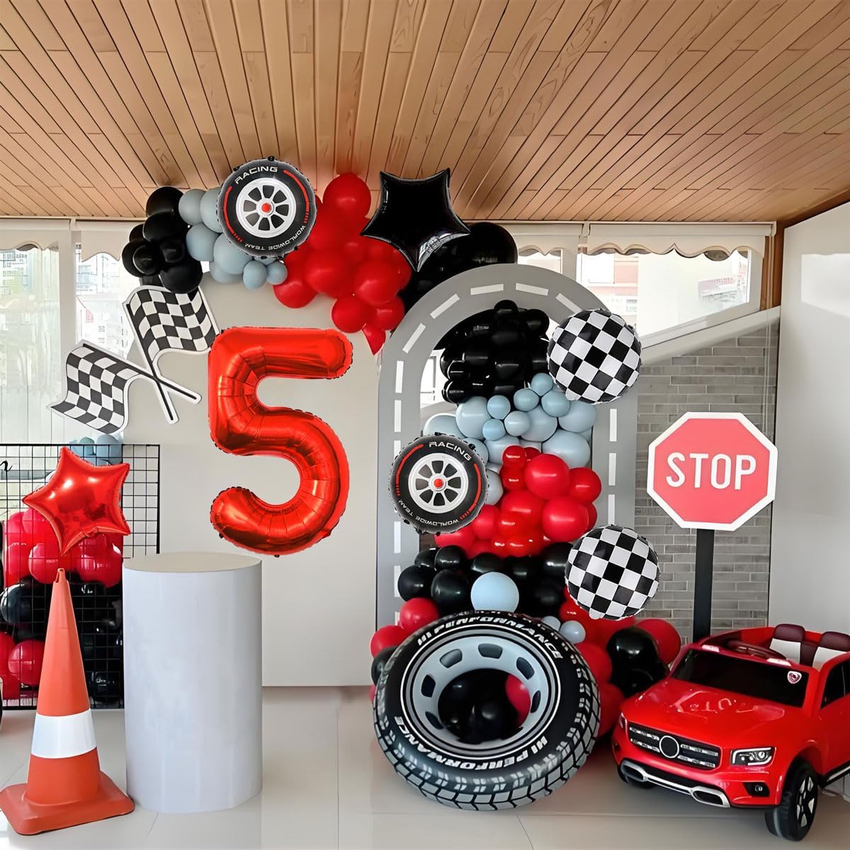 Race Car Birthday Party Decorations - 40 Inch Mylar Red Number 5 Balloons - Black Foil Checkered