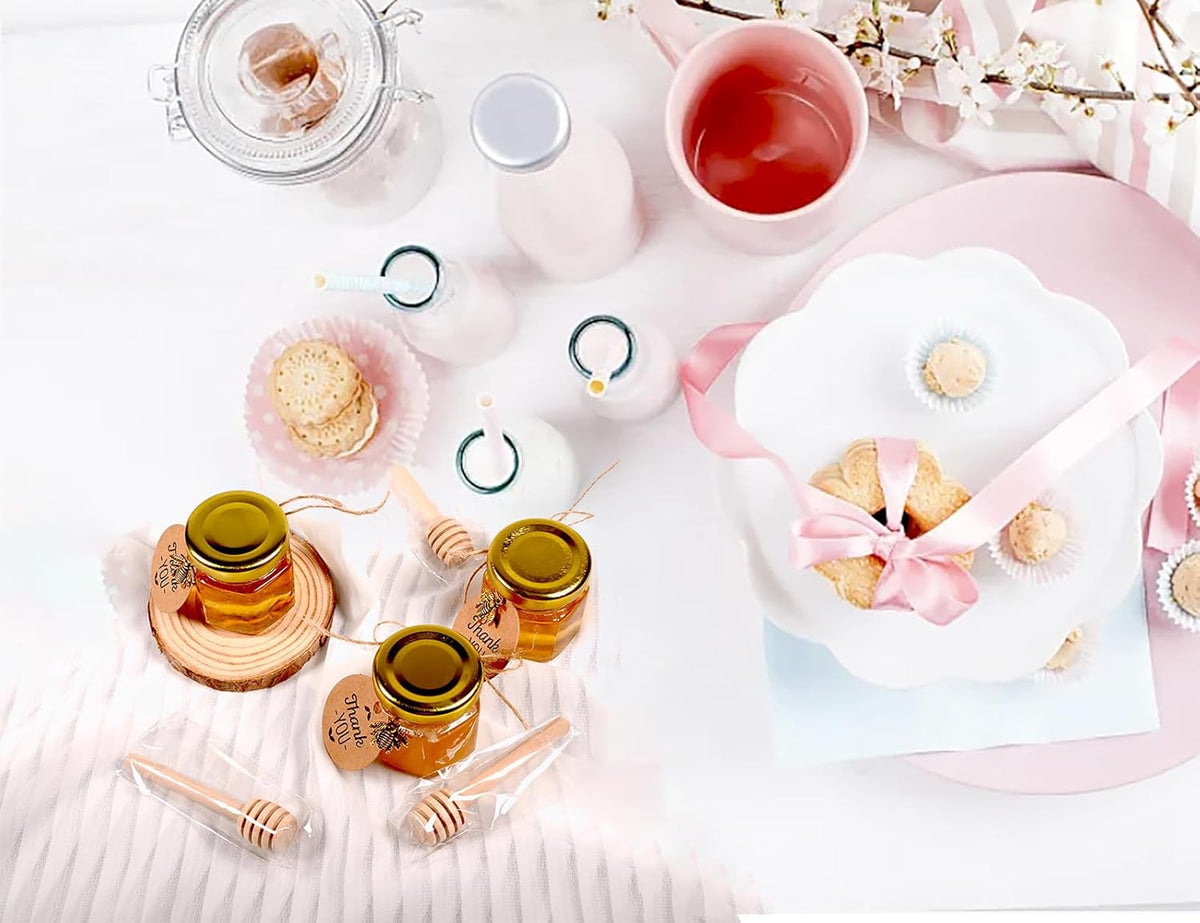 Adabocute Mini Honey Jars - Honey Pot With Honey Dipper, Bee Pendants, Jutes, Tags and Gold Organza
