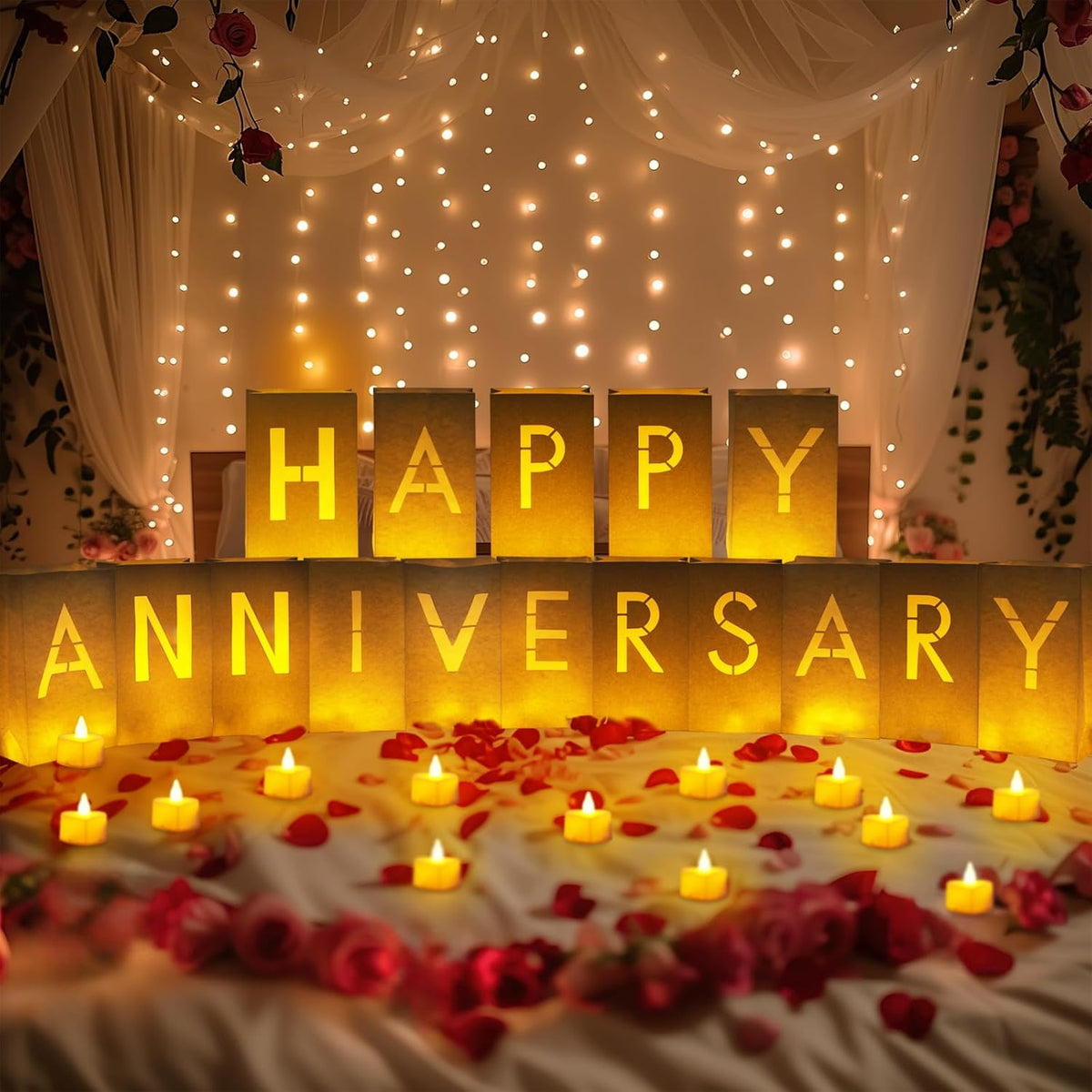 Homemory Happy Anniversary Decoration Light Up Letters with Flameless Candles and Fake Rose Petals