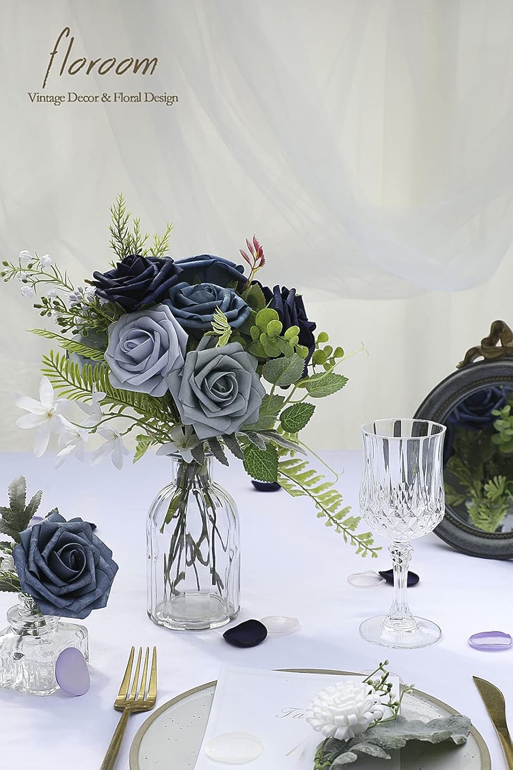 Floroom Artificial Flowers 25pcs Real Looking Blue Ombre Colors Foam Fake Roses with Stems for DIY