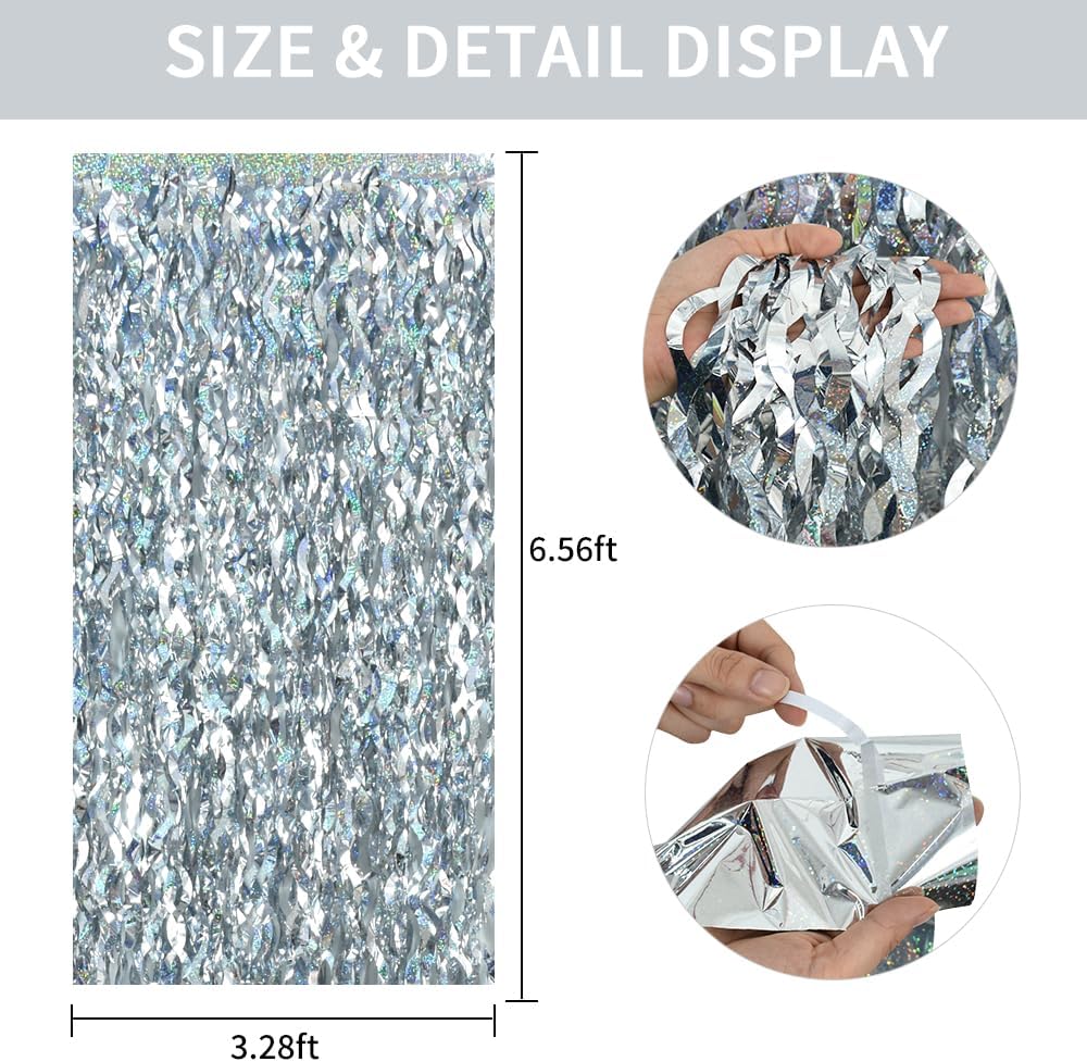 TONIFUL 3Pcs Wavy Metallic Tinsel Foil Fringe Curtains Silver Streamer Backdrop for Photo Booth