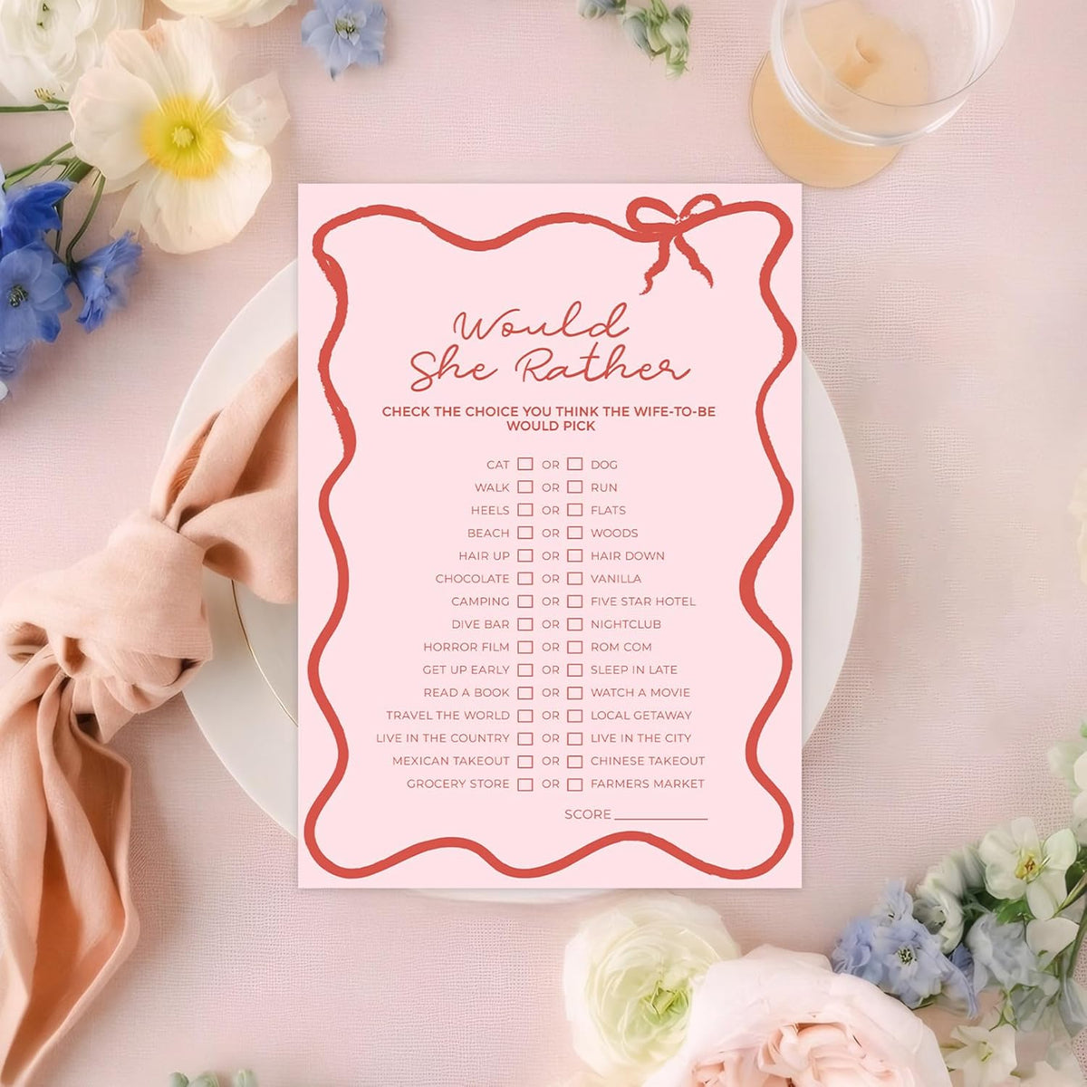 DEEKA 30 PCS Bridal Shower Games Card for 30 Guests Pink Wavy Border Ribbon Bow Funny Wedding