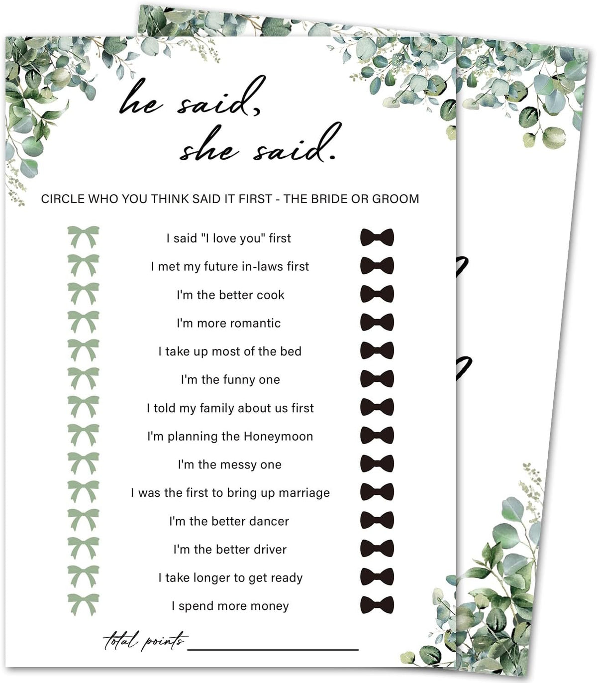 Eucalyptus Bridal Shower Game Cards - He Said She Said, Wedding Engagement Bachelorette Party