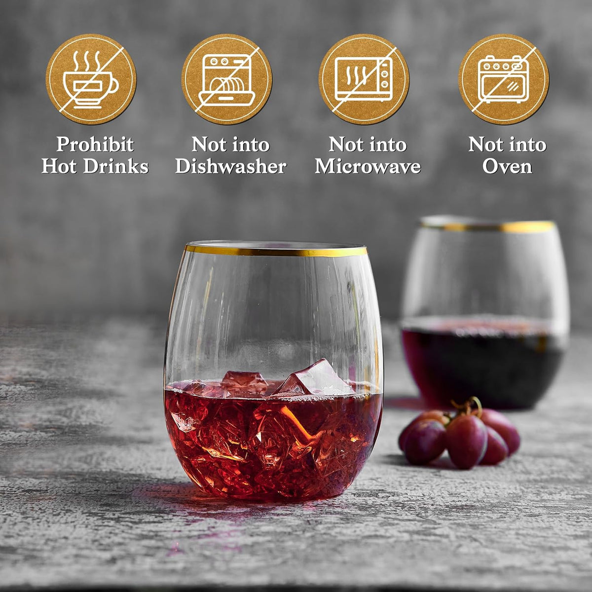 FOCUSLINE 32 Pack 12 OZ Plastic Wine Glasses, Stemless Disposable Wine Cups, Gold Rim Unbreakable